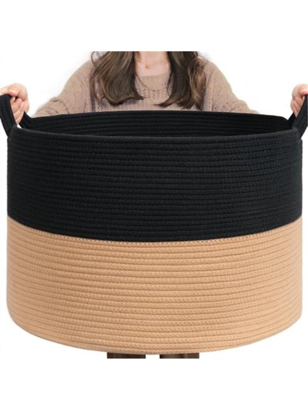New XXXLarge Woven Rope Blanket Basket Living Room Black Camel, 90L